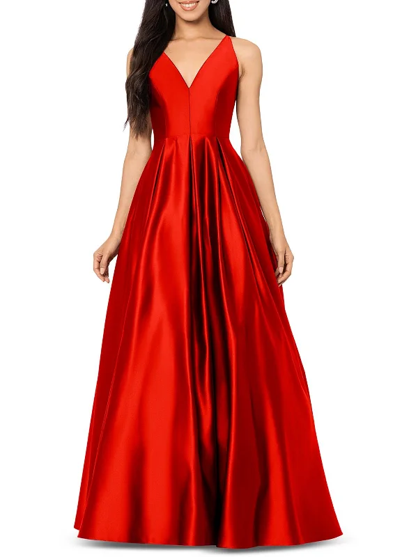 Juniors Womens Satin V-Neck Evening Dress