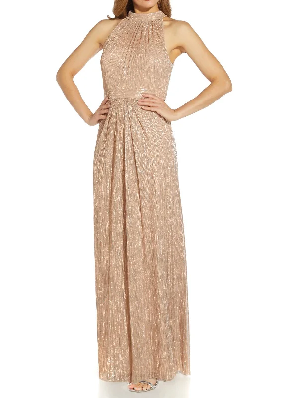 Womens Metallic Halter Evening Dress