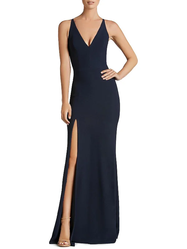 Iris Womens Plunging Split Hem Evening Dress