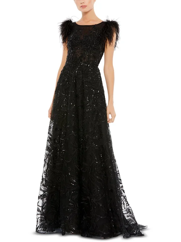 Womens Feathers Long Evening Dress