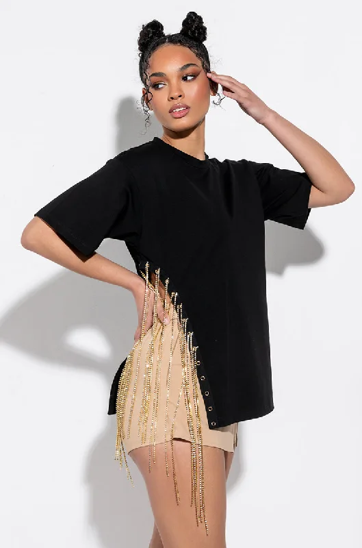 SHE A TAIL FEATHER RHINESTONE DETAIL TEE BLACK