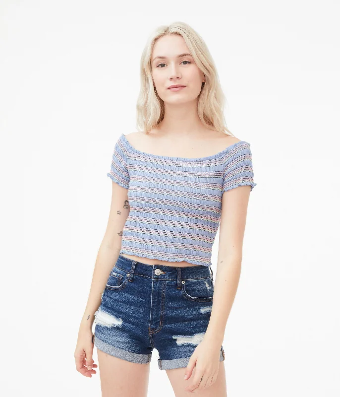 Aeropostale Striped Smocked Off-The-Shoulder Crop Top