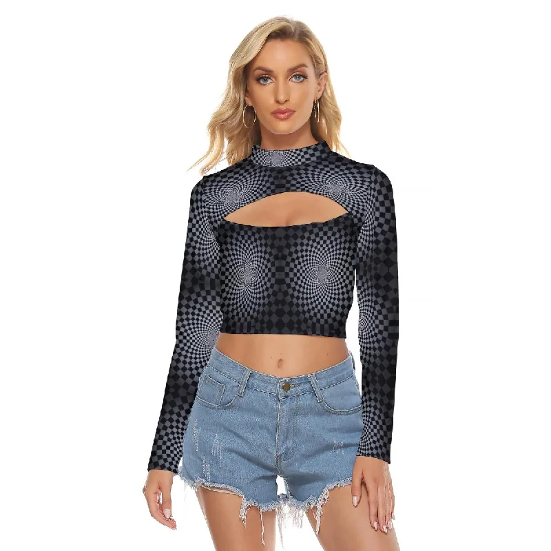 Black Checkers Psychedelic Illusion Mind Trick Trippy Print Women's Hollow Chest Tight Crop Top