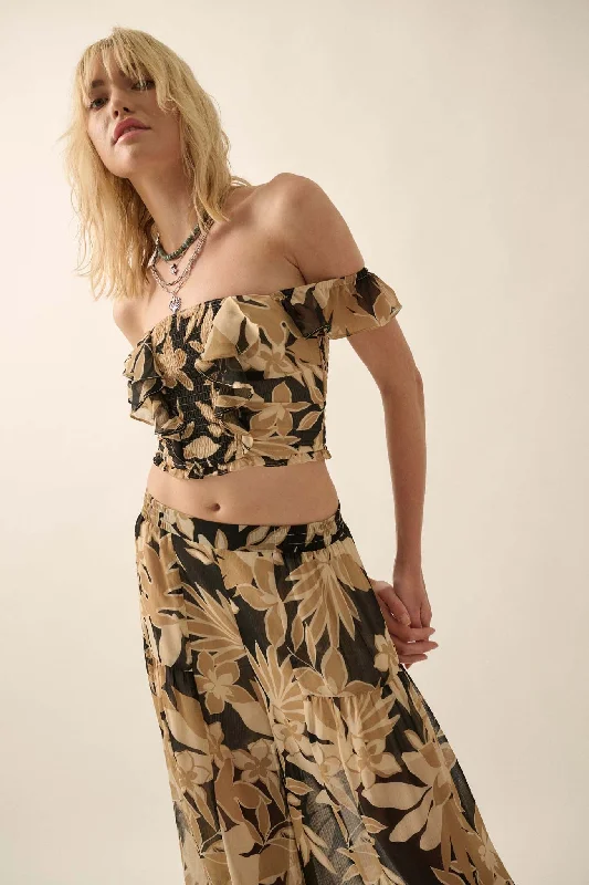 Exotic Tropics Floral Off-Shoulder Ruffle Crop Top