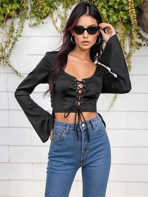 Flare Sleeve Lace Up Acubi Fashion Crop Top