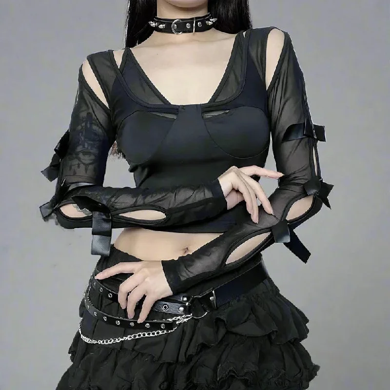 Gothic Style Mesh Patchwork See Through Crop Top