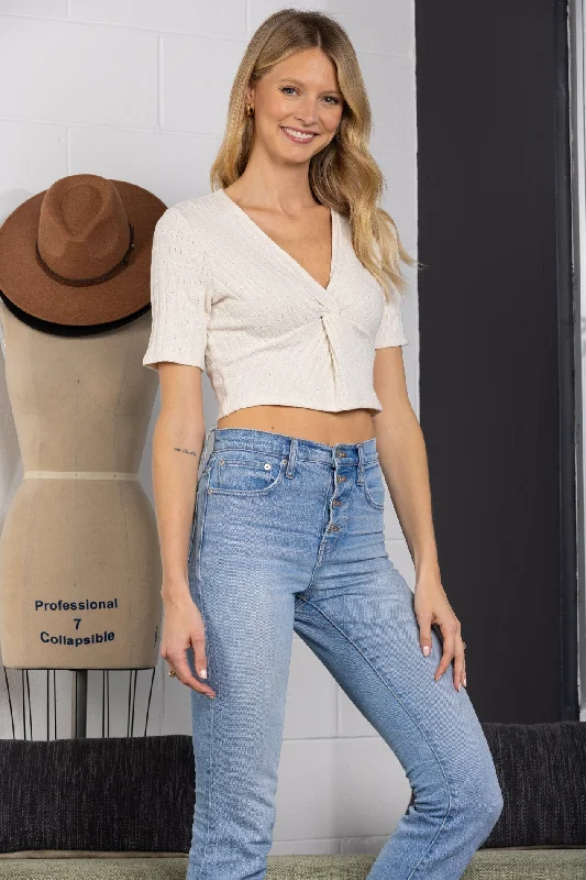 OATMEAL SURPLICE KNIT CROP TOP-L4305