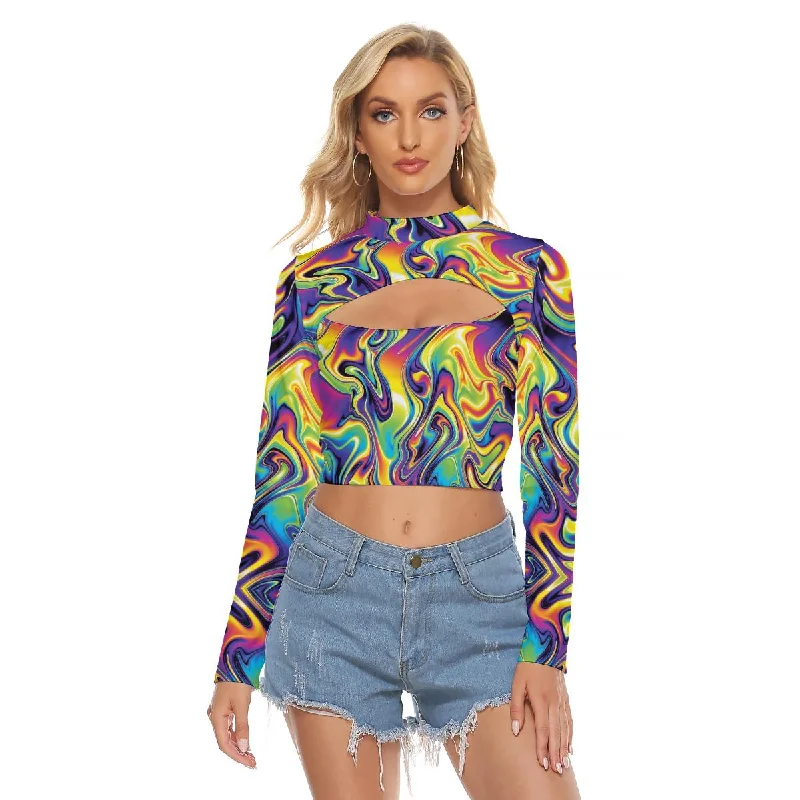 Liquid Holographic Colorful Trippy Lsd Dmt Funky Trippy  Print Women's Hollow Chest Tight Crop Top