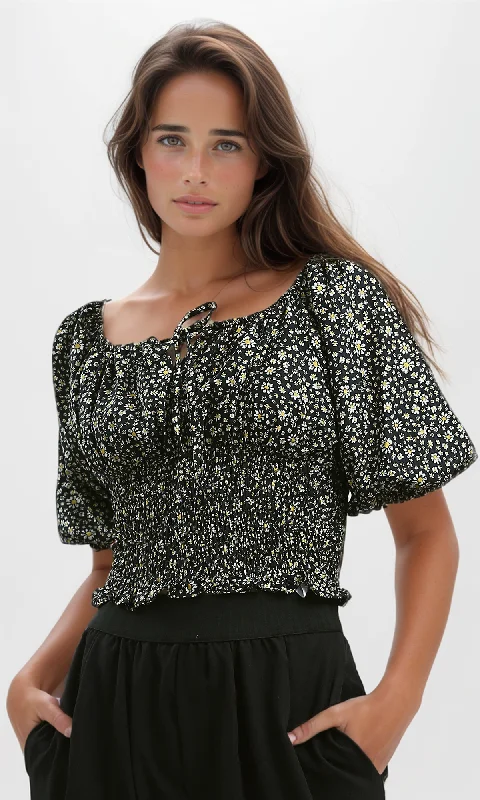 O190139 Feminine Floral Elastic Crop Top - Black