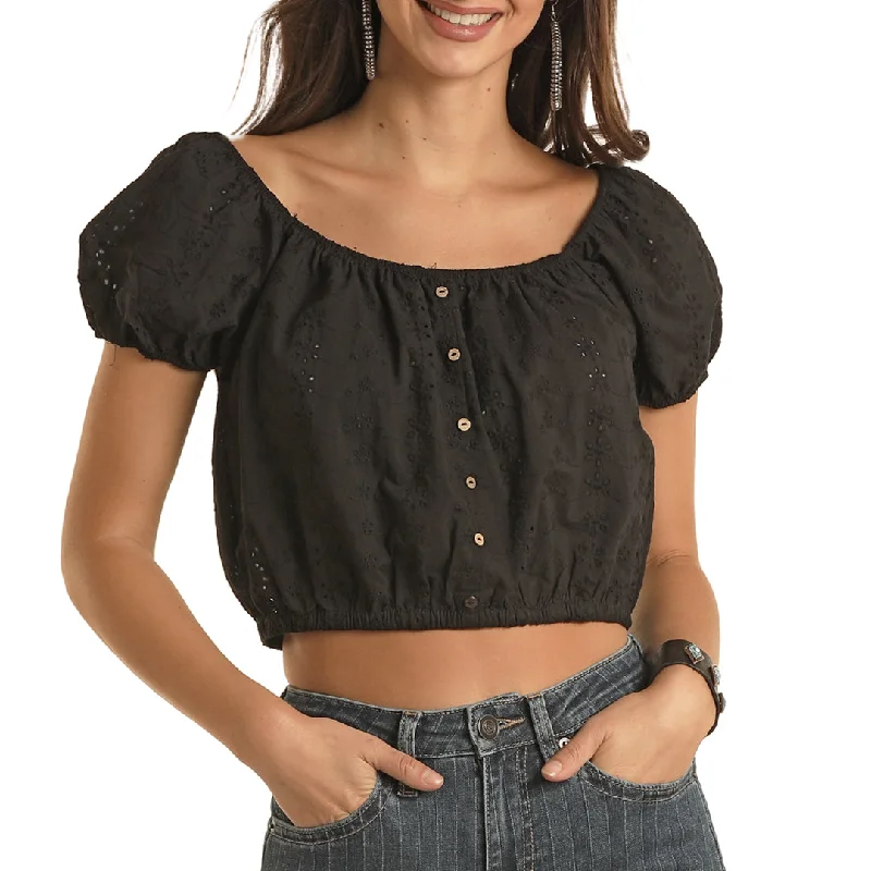 Panhandle Women's Eyelet Crop Top In Black