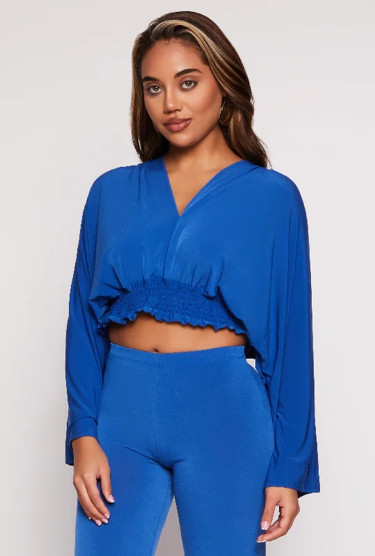 Smocked Hem Bell Sleeve Crop Top