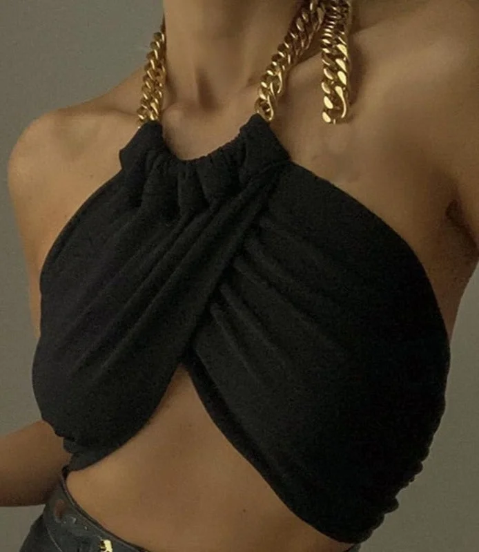 Summer   Halter Chain Crop Tops for Women Backless Cropped Feminino Black Wrap Top  Streetwear