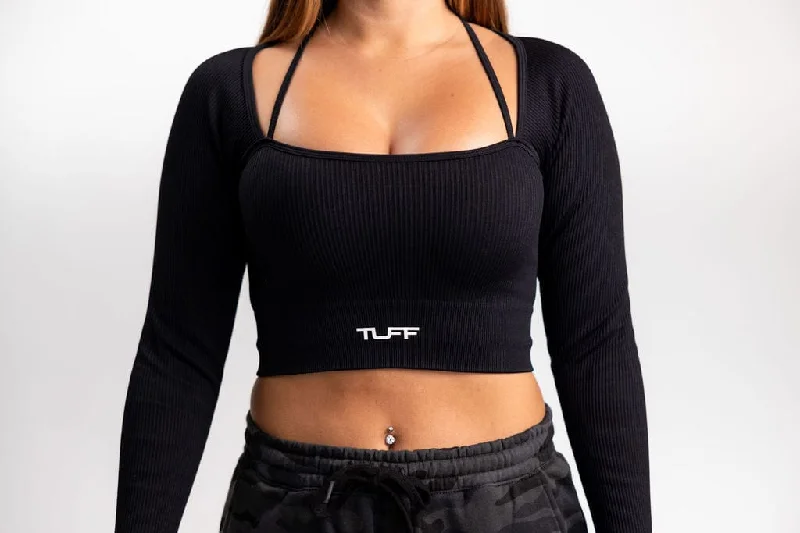 Classic Ribbed Long Sleeve Crop Top - Black