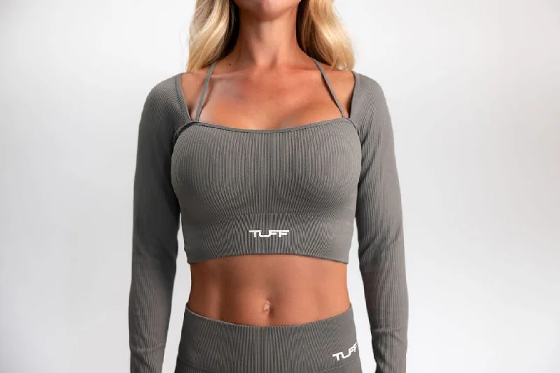 Classic Ribbed Long Sleeve Crop Top - Gray