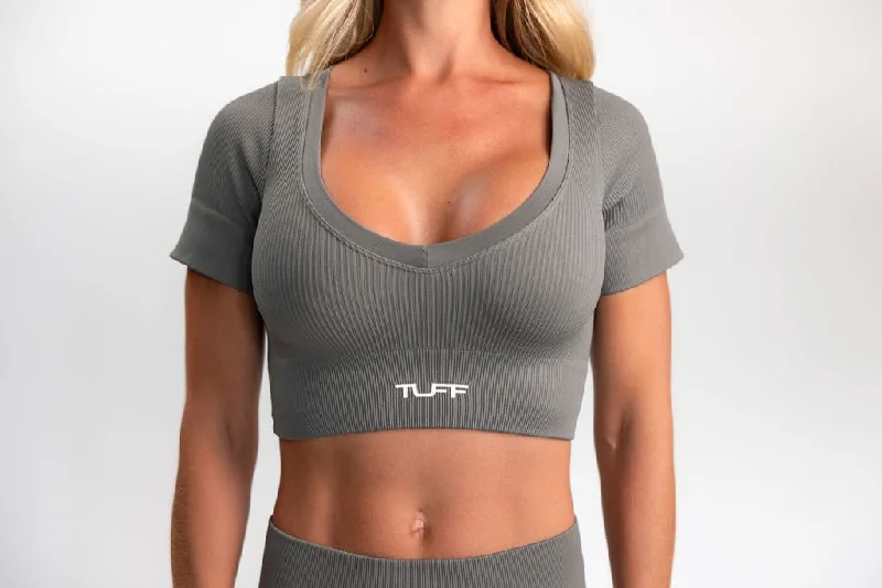 Classic Ribbed Short Sleeve Crop Top - Gray