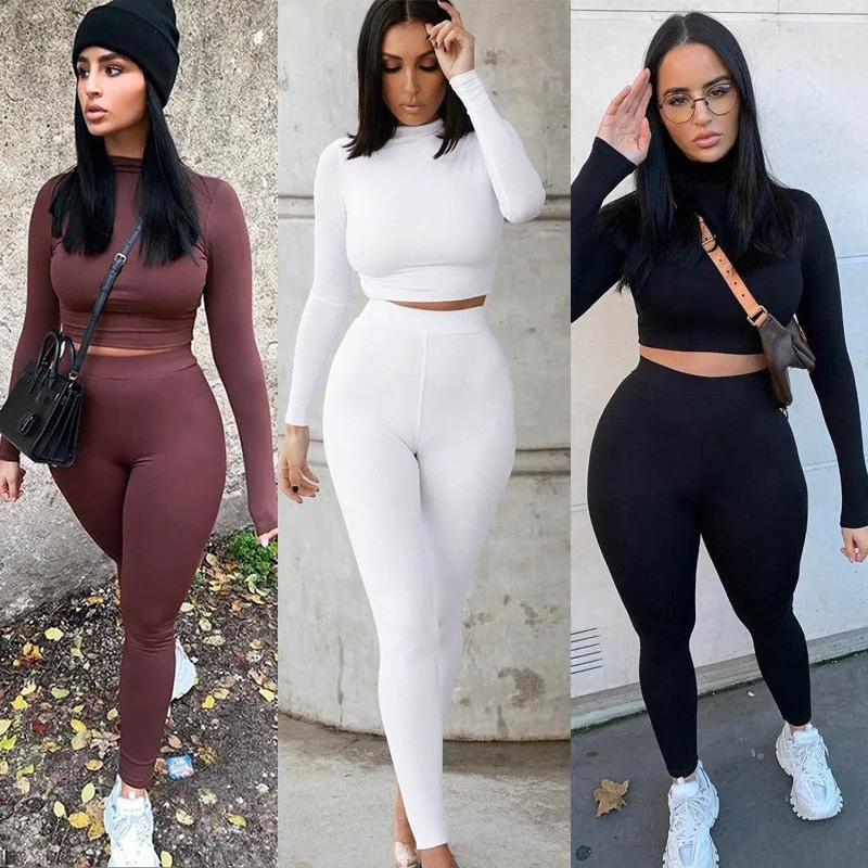 Two Piece Sets Women Tracksuits High Waist Stretchy Crop Tops And Leggings Matching Outfits