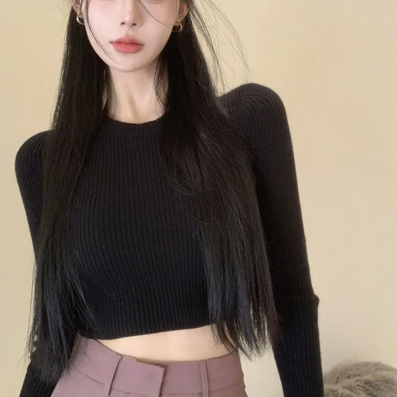 Women Casual Edgy Basic Solid Round Neck Rib-Knit Slim Long Sleeve Crop Top