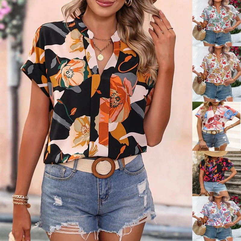 Women'S Fashion Graphic Printing V-Neck Short-Sleeved Women'S Crop Top