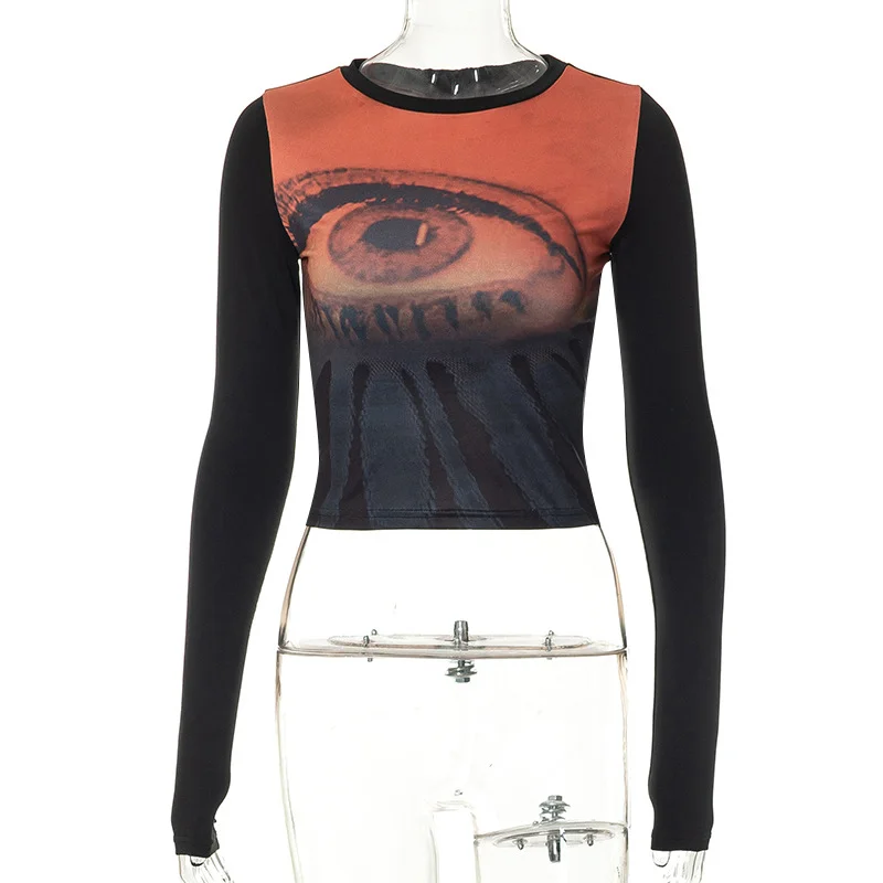 Women'S Fashion Round Neck Long Sleeve Printed Crop Top