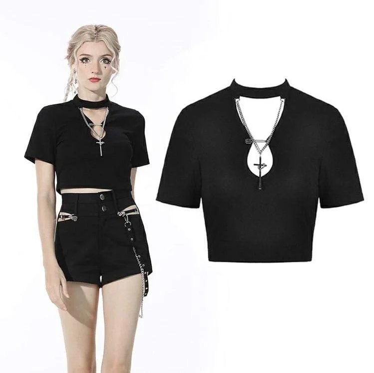 Women's Punk Cutout Black Crop Top with Cross Chain