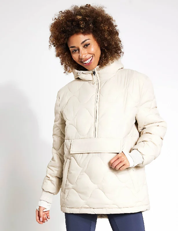 Quilted Half Zip Hooded Puffer Jacket - Beige