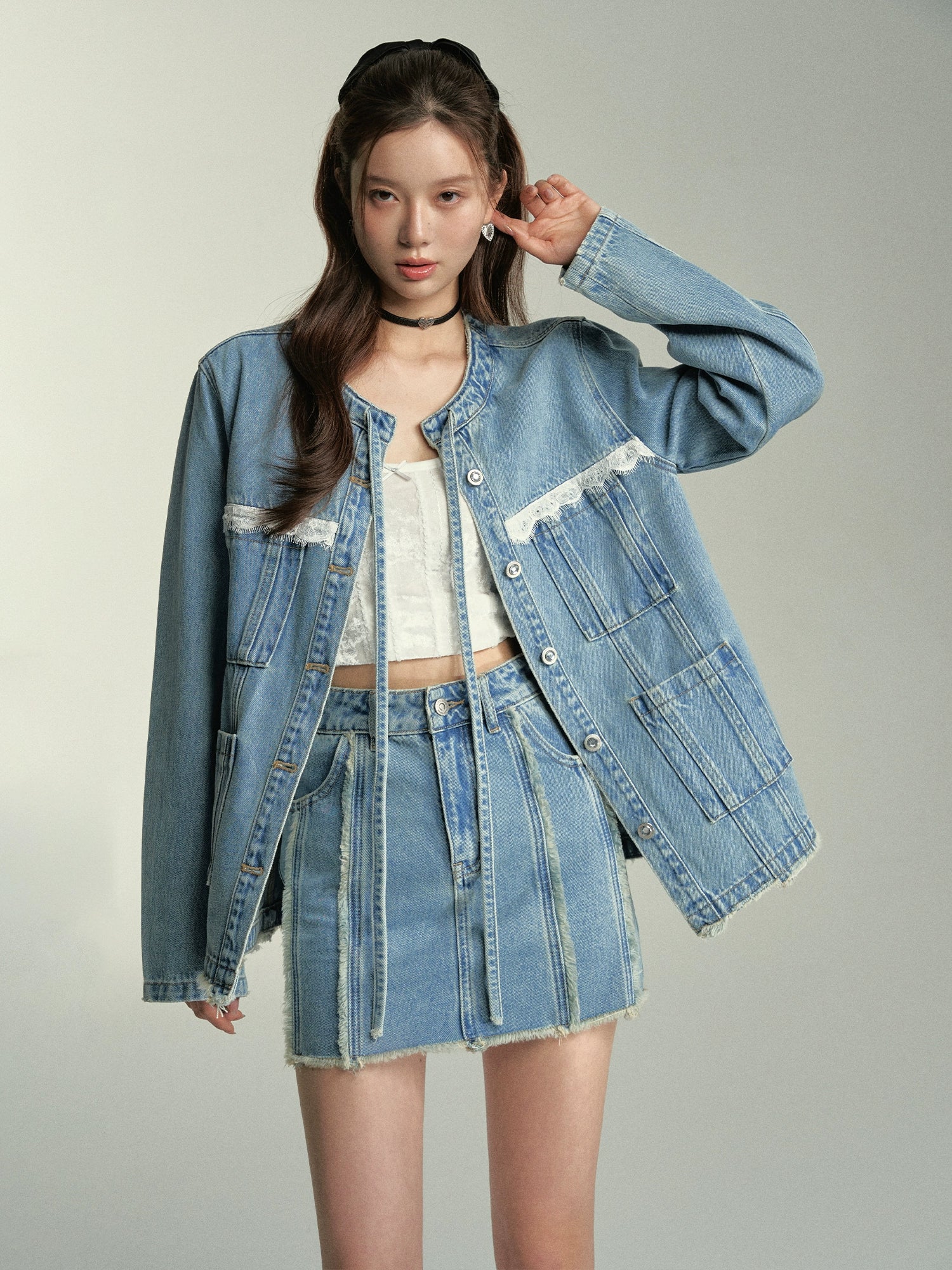 Lace Spliced Denim Jacket & Mini Skirt Set