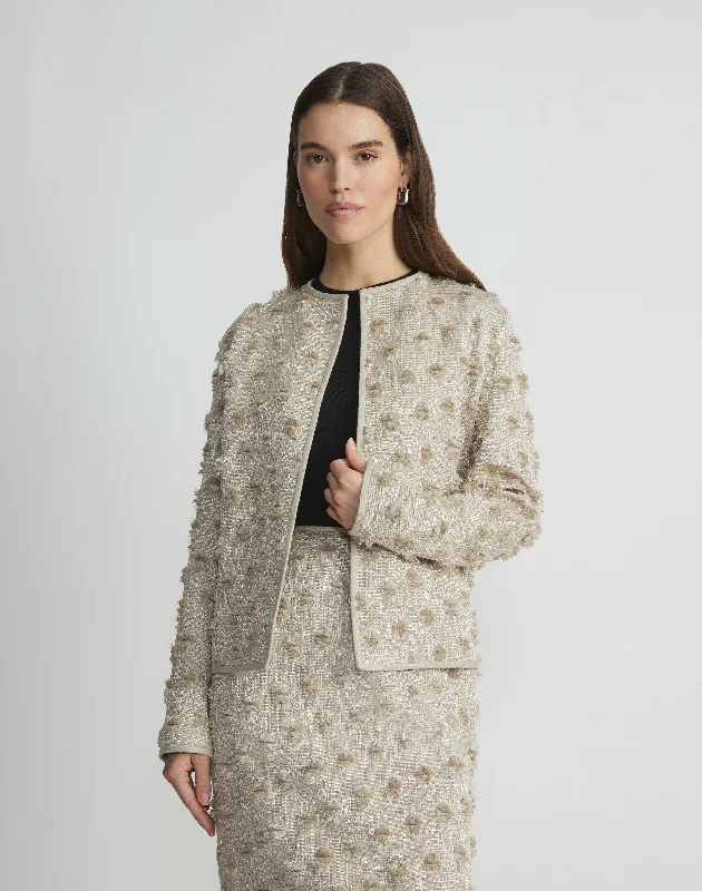 Fringed Dot Jacquard Collarless Jacket