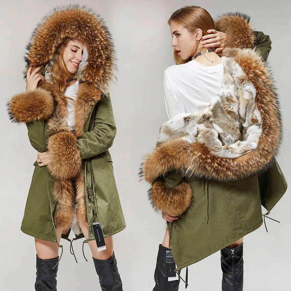 MMK fashion women's parka coat rabbit fur lining big raccoon fur collar winter coat jacket long hooded army green season warm ja