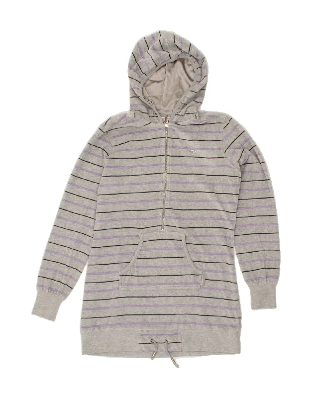 CHAMPION Womens Longline Hoodie Jumper UK 12 Medium Grey Striped Cotton