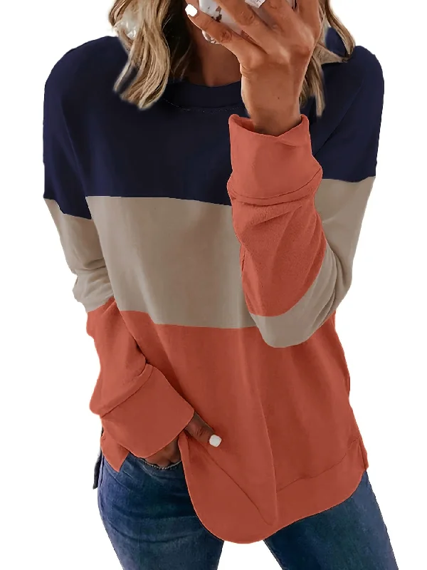 Color Block Crew Neck Long Sleeve Loose Pullover Hoodie