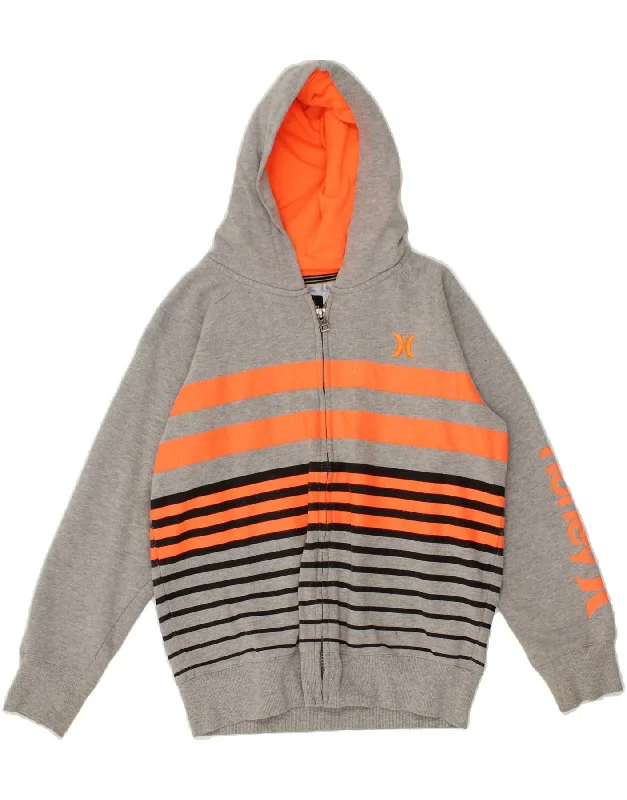 HURLEY Boys Graphic Zip Hoodie Sweater 12-13 Years Large Grey Striped