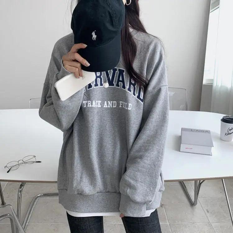 College Style Letter Print Loose Round Neck Pullover And