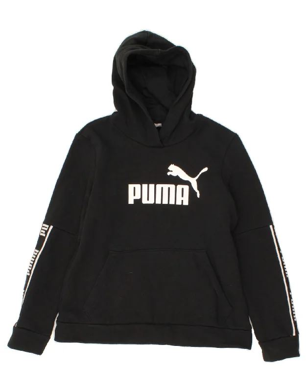 PUMA Girls Graphic Hoodie Jumper 11-12 Years Large Black Cotton