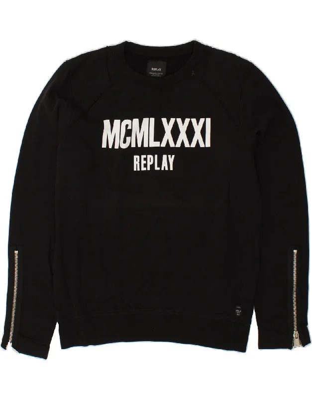 REPLAY Mens Graphic Sweatshirt Jumper Large Black Cotton