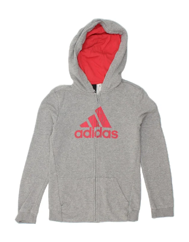 ADIDAS Womens Graphic Zip Hoodie Sweater UK 8/10 Small Grey Cotton