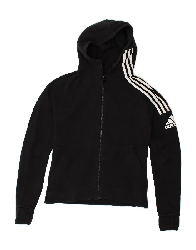 ADIDAS Womens Zip Hoodie Sweater UK 12/14 Medium Black Cotton