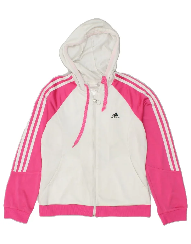 ADIDAS Womens Zip Hoodie Sweater UK 14 Large  White Colourblock