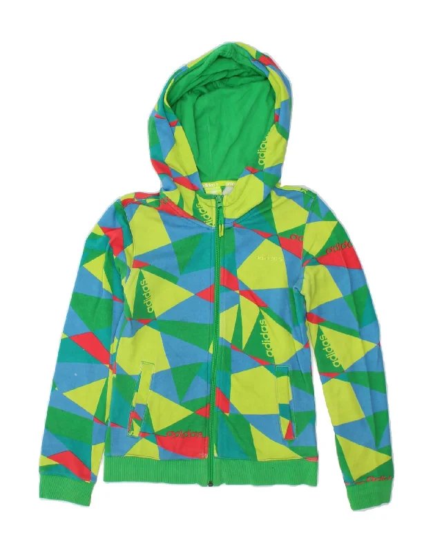 ADIDAS Womens Zip Hoodie Sweater UK 8 Small Green Geometric Cotton