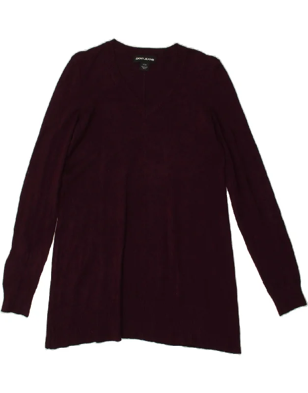 DKNY Womens Longline V-Neck Jumper Sweater UK 10 Small Burgundy Viscose