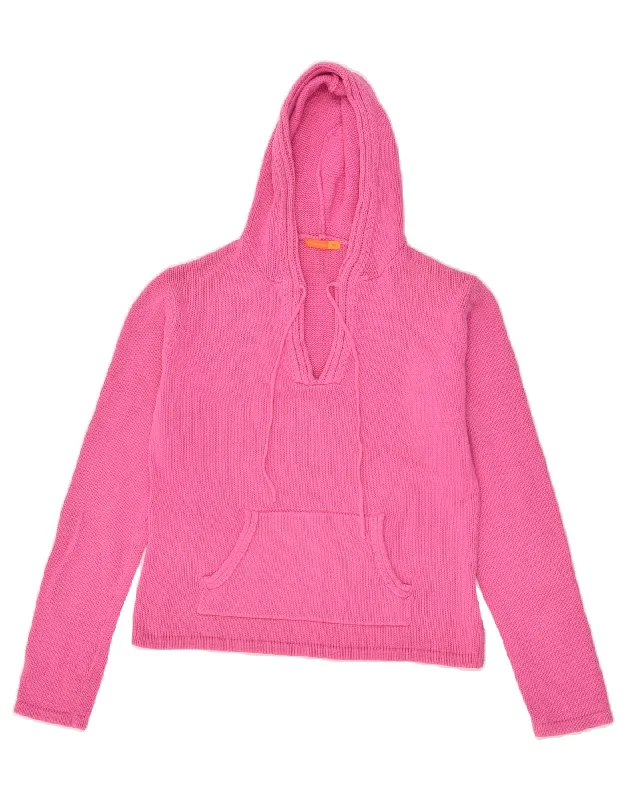 FISHBONE Womens Hooded V-Neck Jumper Sweater UK 14 Medium Pink Cotton