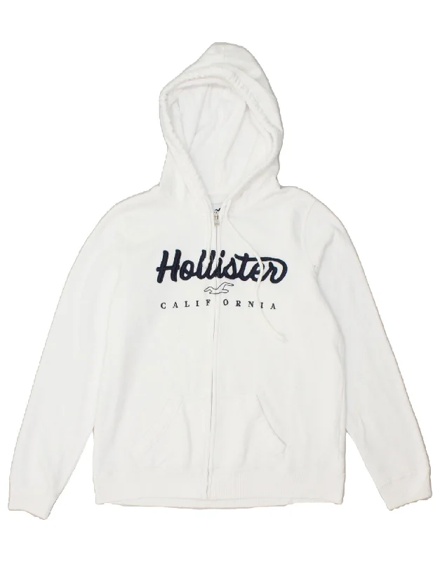 HOLLISTER Womens Graphic Zip Hoodie Sweater UK 14 Medium White Cotton