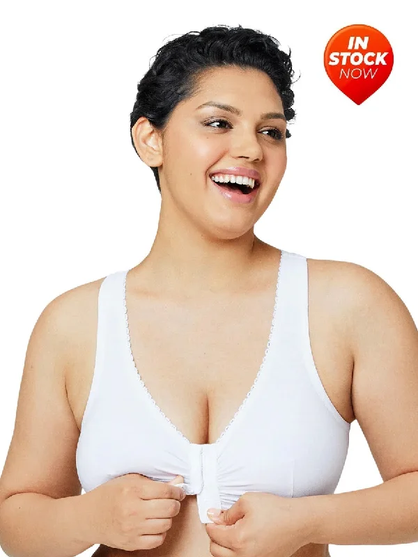 In Stock 1908 - Off Duty Front Close T-Back Comfort Bra - White