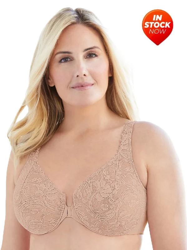 In Stock 9245 - Allover Lace Front-Close Underwire Bra - Beige