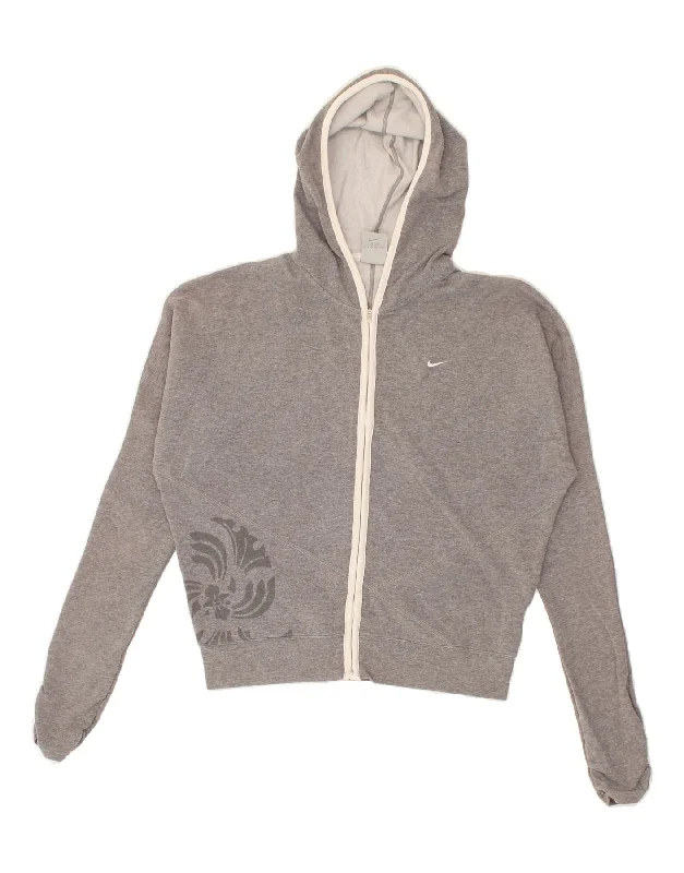 NIKE Womens Dri Fit Crop Graphic Zip Hoodie Sweater UK 8/10 Small Grey