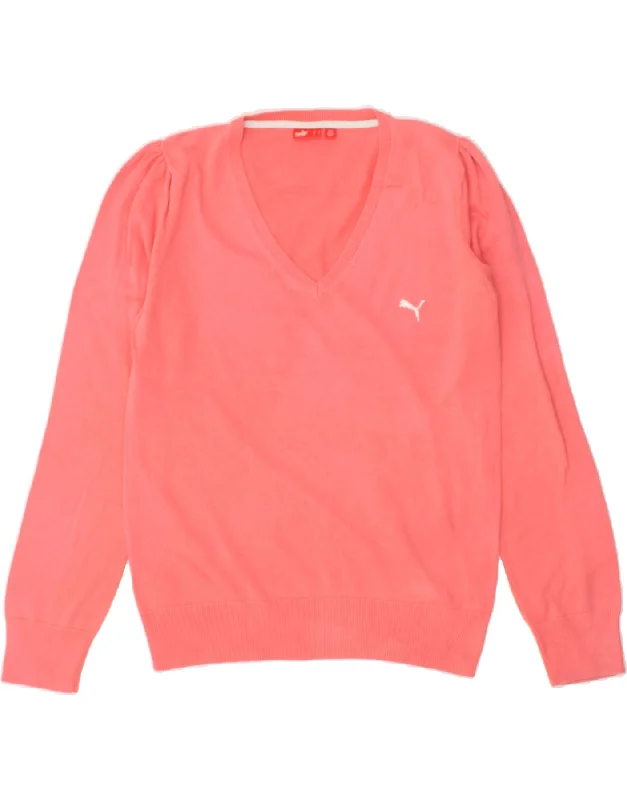 PUMA Womens Graphic V-Neck Jumper Sweater UK16 Large  Pink Cotton