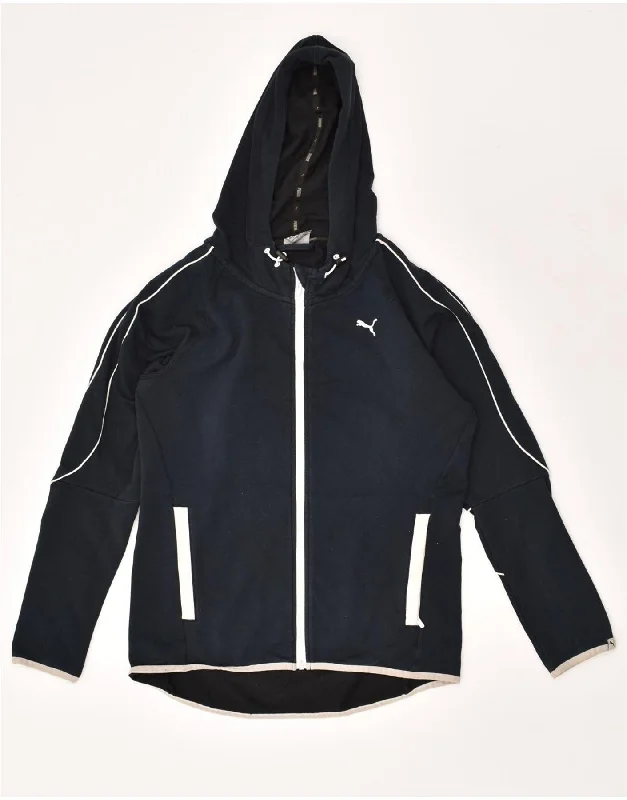 PUMA Womens Graphic Zip Hoodie Sweater UK 12 Medium Navy Blue Cotton