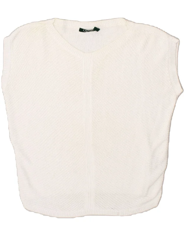 RALPH LAUREN Womens Short Sleeve V-Neck Jumper Sweater UK 10 Small White