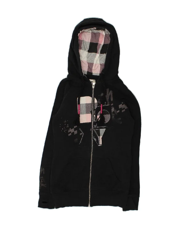 ROXY Womens Graphic Zip Hoodie Sweater UK 8 Small Black Patchwork Cotton