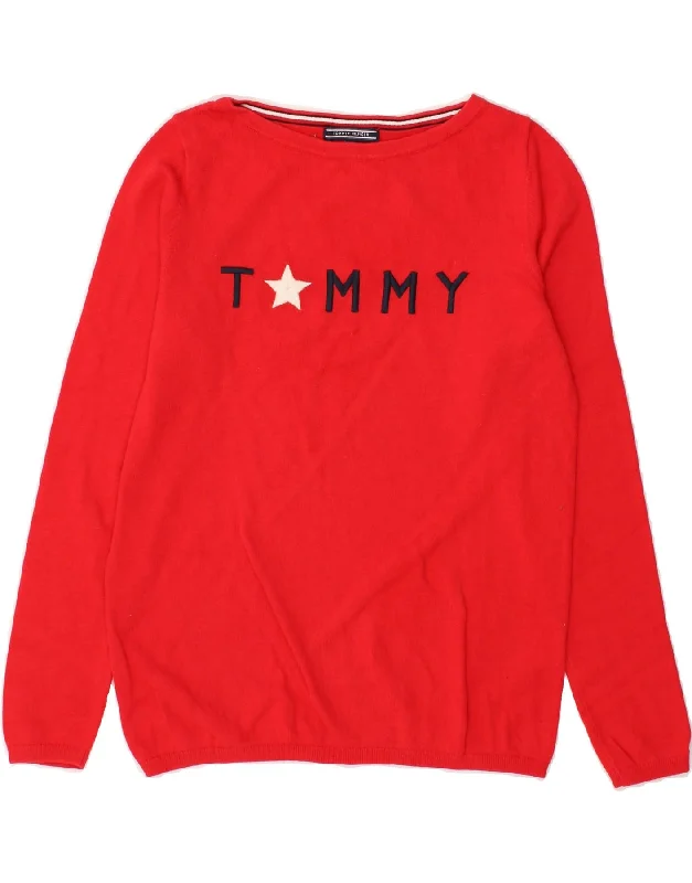 TOMMY HILFIGER Womens Graphic Boat Neck Jumper Sweater UK 10 Small Red