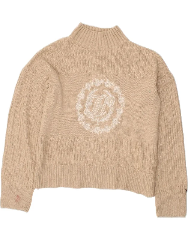 TOMMY HILFIGER Womens Graphic Turtle Neck Jumper Sweater UK 10 Small Beige